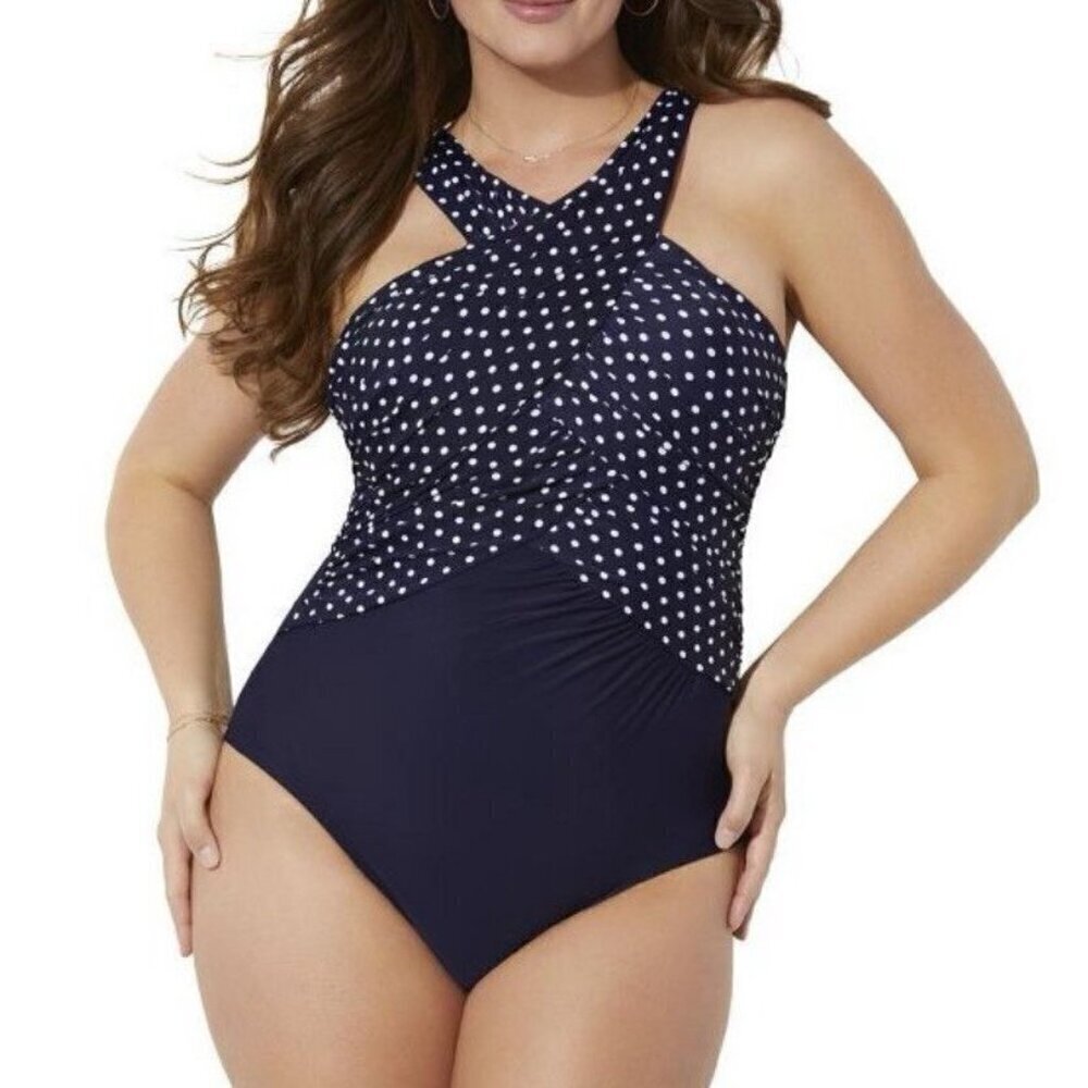 Swimsuits for All One Piece Swimsuit Size 24 Navy Blue Polka Dot High Neck Wrap - Picture 2 of 10